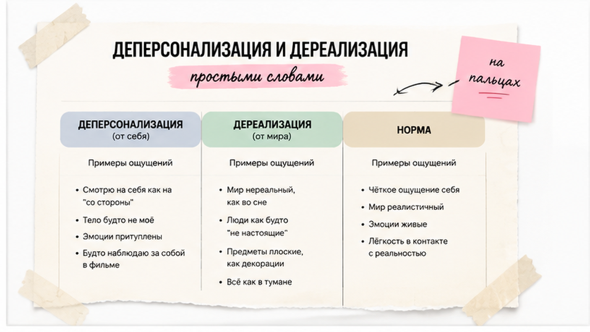 Таблица: деперсонализация и дереализация простыми словами — отличия