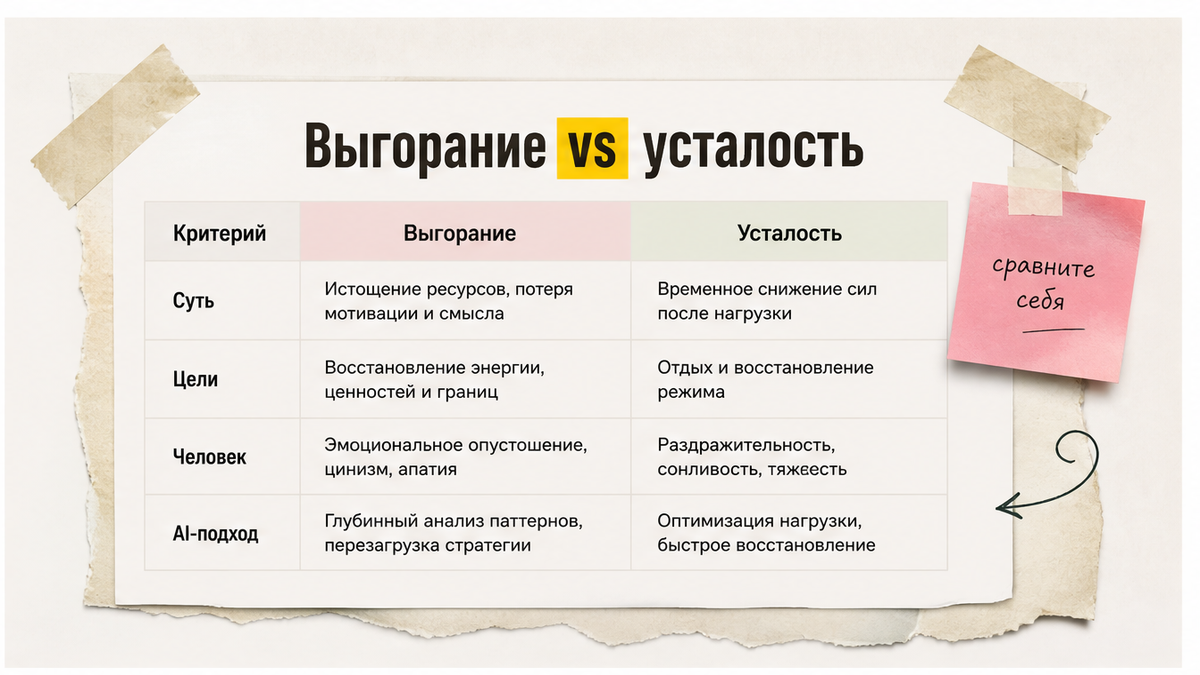 Иллюстрация: Выгорание vs усталость