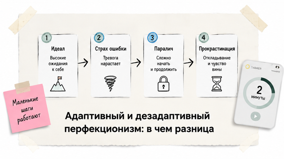 Схема: как перфекционизм ведёт к прокрастинации