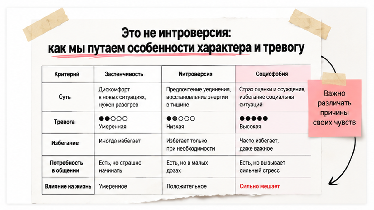 Сравнительная таблица: интроверсия и социофобия — в чём разница
