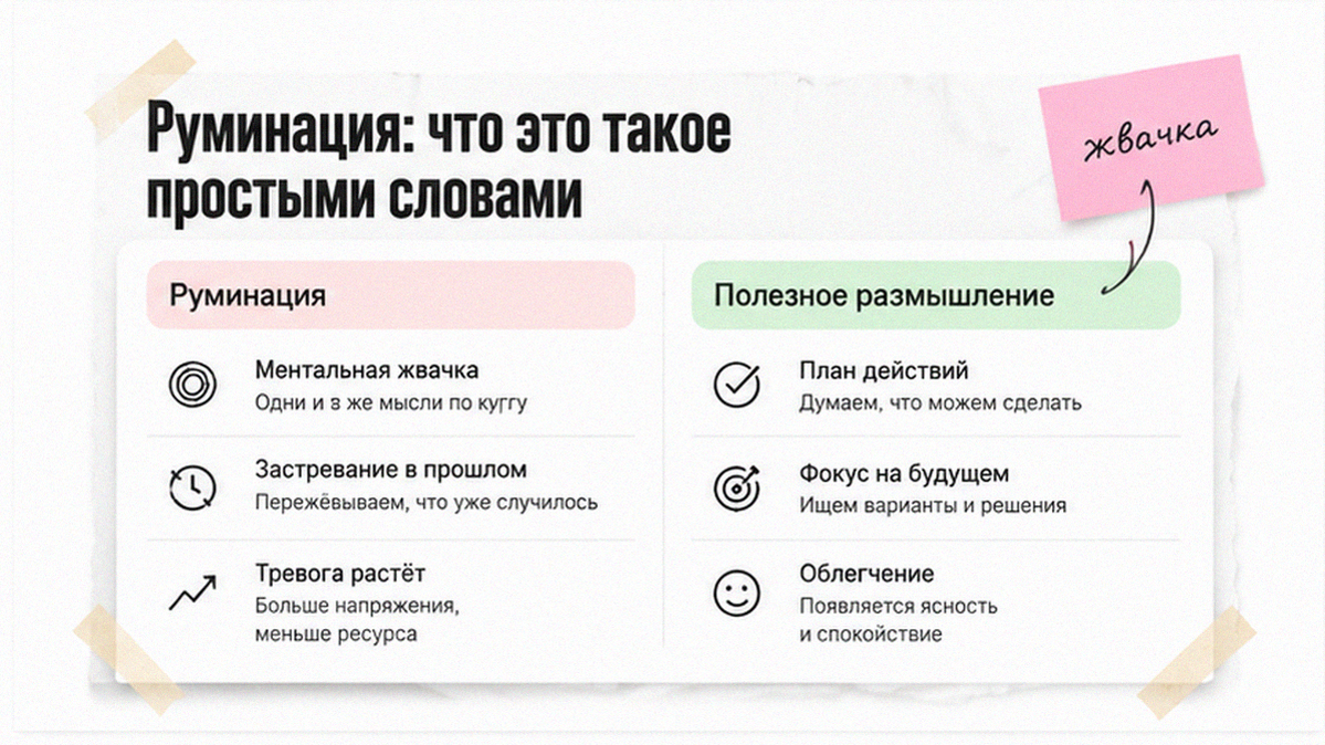 Таблица: руминация простыми словами — ментальная жвачка против полезного размышления